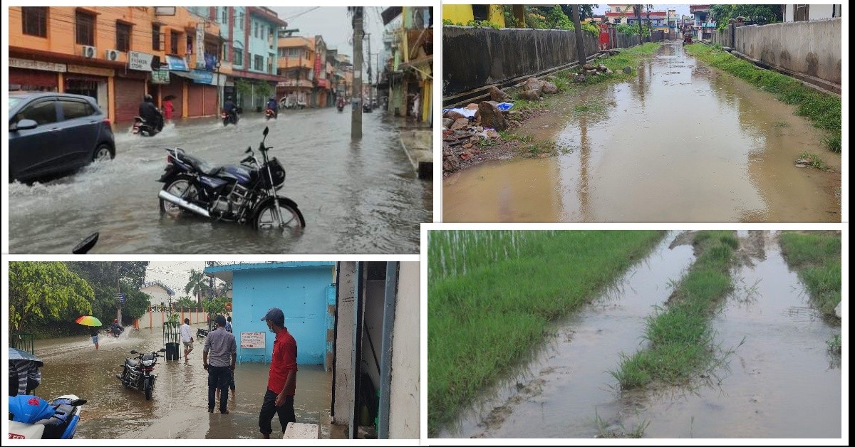 वर्षाले जलमग्न भैरहवा, बैकरोडका पसलमा पानी पस्यो