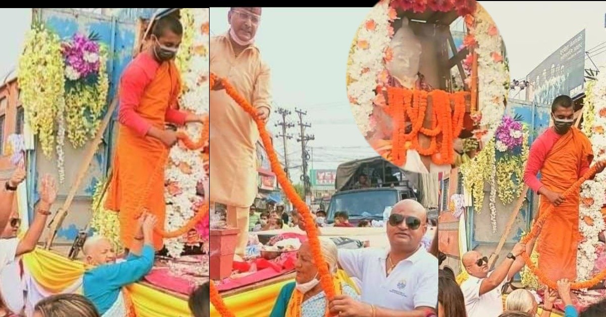 बहुमुल्य बुद्धमुर्तिलाई ८४ वर्षीय थापाद्वारा बुद्धचोकमा स्वागत