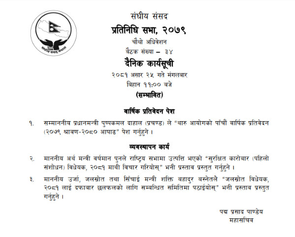 प्रतिनिधि सभा बैठक बस्दै, यस्तो छ आजको कार्यसूची