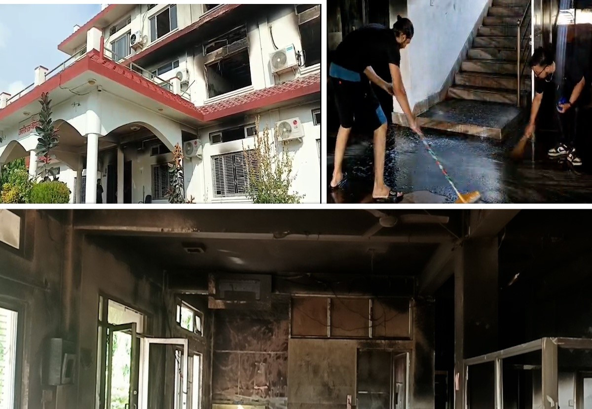भैरहवा आन्तरिक राजस्व कार्यालयमा तोडफोड आगजनीपछि सरसफाइ गर्दै  पुनः सञ्चालनको प्रयास